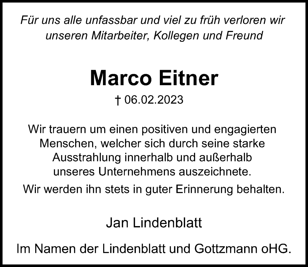  Traueranzeige für Marco Eitner vom 12.02.2023 aus Berliner Morgenpost