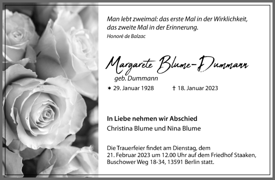 Traueranzeige von Margarete Blume-Dummann von Berliner Morgenpost