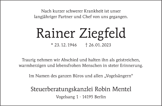 Traueranzeige von Rainer Ziegfeld von Berliner Morgenpost