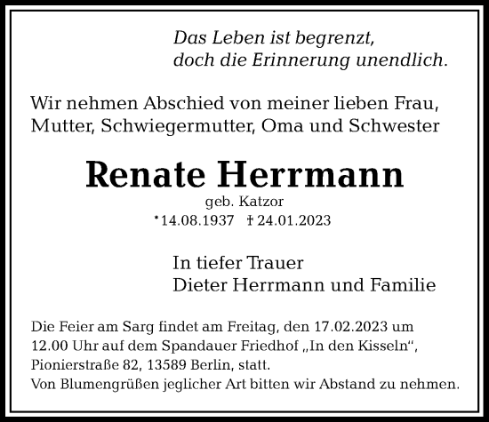 Traueranzeige von Renate Herrmann von Berliner Woche / Spandauer Volksblatt