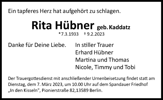 Traueranzeige von Rita Hübner von Berliner Woche / Spandauer Volksblatt