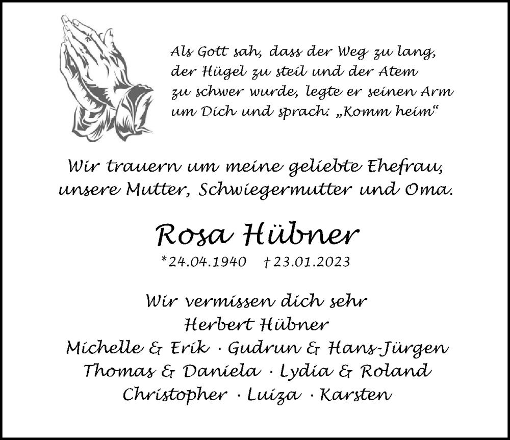  Traueranzeige für Rosa Hübner vom 04.02.2023 aus Berliner Woche / Spandauer Volksblatt