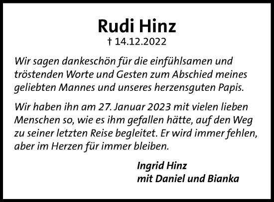 Traueranzeige von Rudi Hinz von Berliner Woche / Spandauer Volksblatt