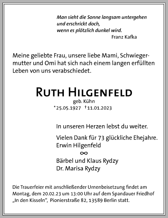 Traueranzeige von Ruth Hilgenfeld von Berliner Woche / Spandauer Volksblatt