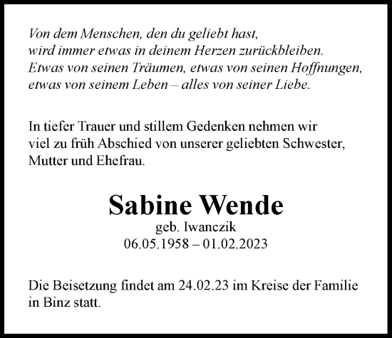 Traueranzeige von Sabine Wende von Berliner Woche / Spandauer Volksblatt
