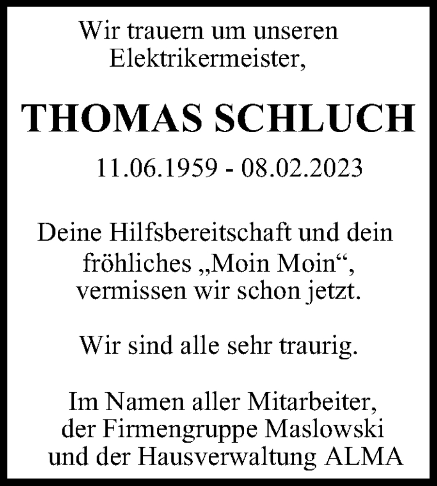  Traueranzeige für Thomas Schluch vom 19.02.2023 aus Berliner Morgenpost