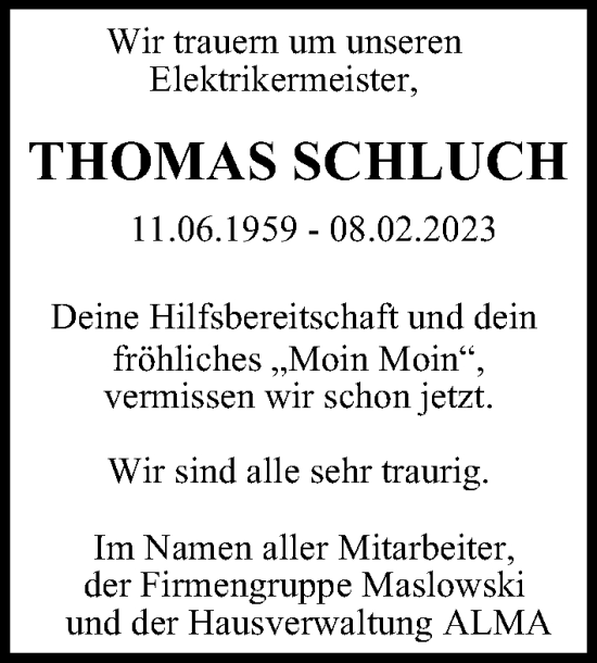 Traueranzeige von Thomas Schluch von Berliner Morgenpost