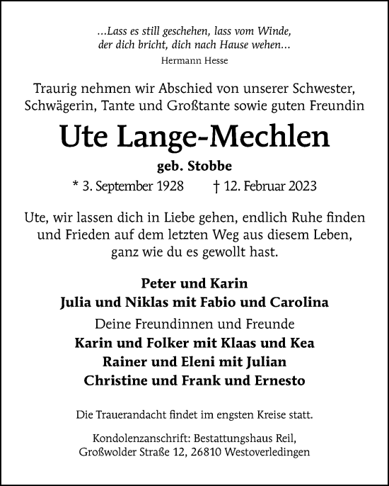 Traueranzeige von Ute Lange-Mechlen von Berliner Morgenpost