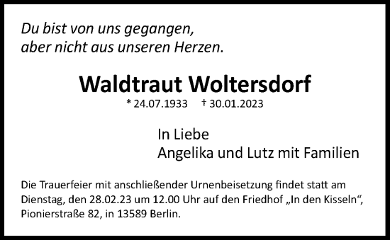 Traueranzeige von Waldtraut Woltersdorf von Berliner Woche / Spandauer Volksblatt