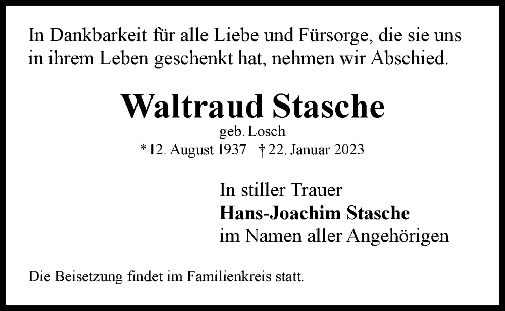  Traueranzeige für Waltraud Stasche vom 04.02.2023 aus Berliner Woche / Spandauer Volksblatt