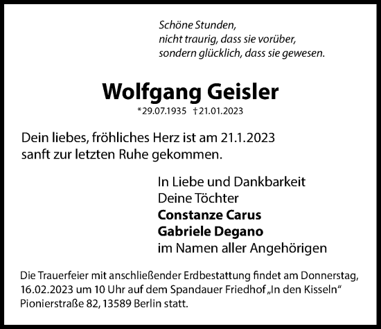 Traueranzeige von Wolfgang Geisler von Berliner Woche / Spandauer Volksblatt