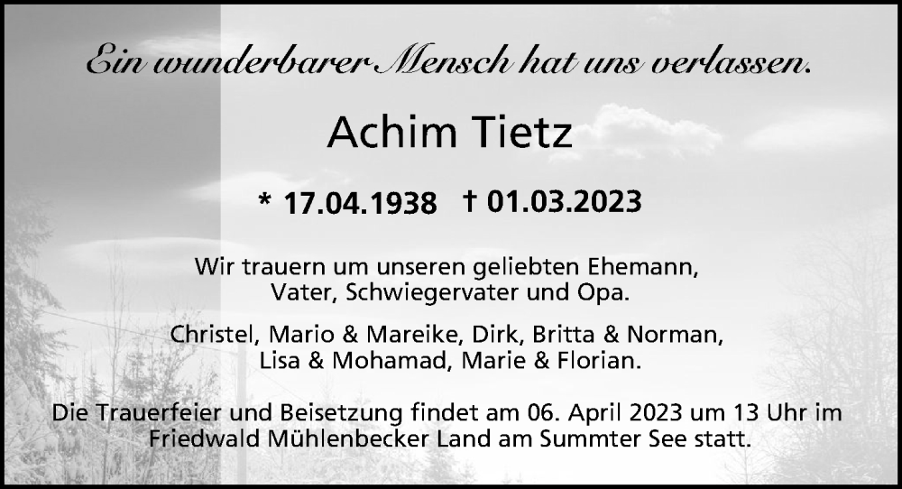  Traueranzeige für Achim Tietz vom 19.03.2023 aus Berliner Morgenpost
