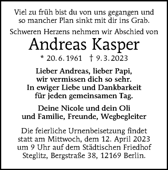 Traueranzeige von Andreas Kasper von Berliner Morgenpost