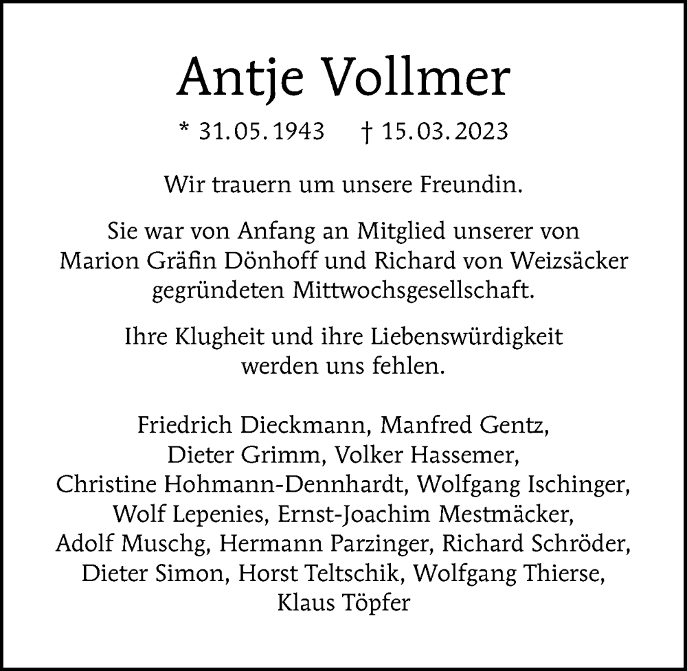  Traueranzeige für Antje Vollmer vom 19.03.2023 aus Berliner Morgenpost