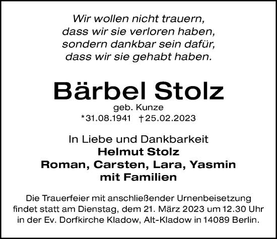 Traueranzeige von Bärbel Stolz von Berliner Woche / Spandauer Volksblatt
