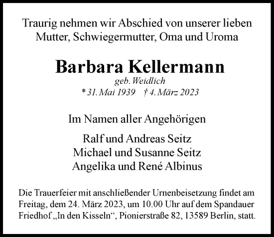 Traueranzeige von Barbara Kellermann von Berliner Woche / Spandauer Volksblatt