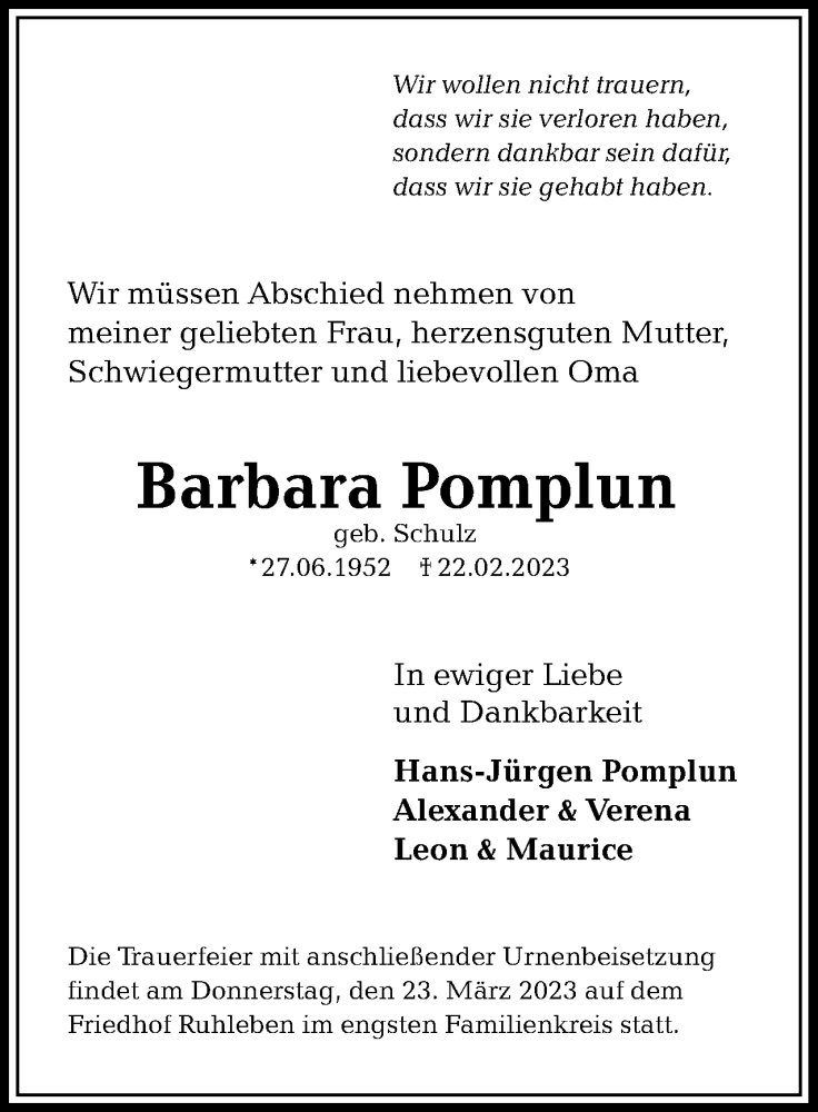 Traueranzeige für Barbara Pomplun vom 18.03.2023 aus Berliner Woche / Spandauer Volksblatt
