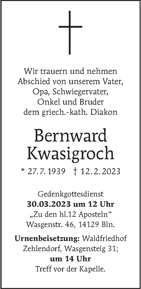 Traueranzeige von Bernward Kwasigroch von Berliner Morgenpost