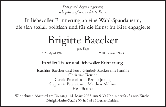 Traueranzeige von Brigitte Baecker von Berliner Woche / Spandauer Volksblatt