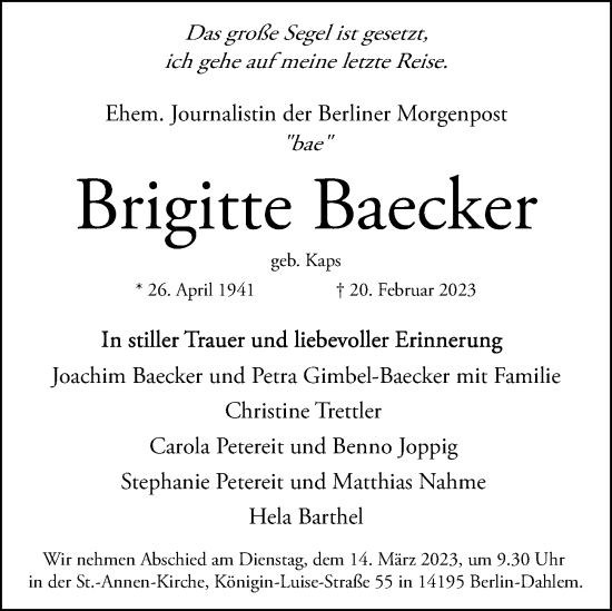 Traueranzeige von Brigitte Baecker von Berliner Morgenpost