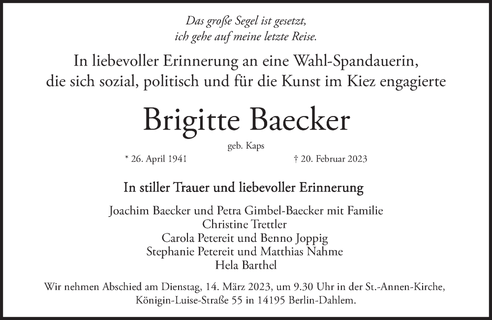  Traueranzeige für Brigitte Baecker vom 11.03.2023 aus Berliner Woche / Spandauer Volksblatt