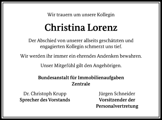 Traueranzeige von Christina Lorenz von Berliner Morgenpost