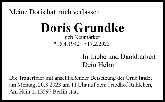Traueranzeige von Doris Grundke von Berliner Woche / Spandauer Volksblatt