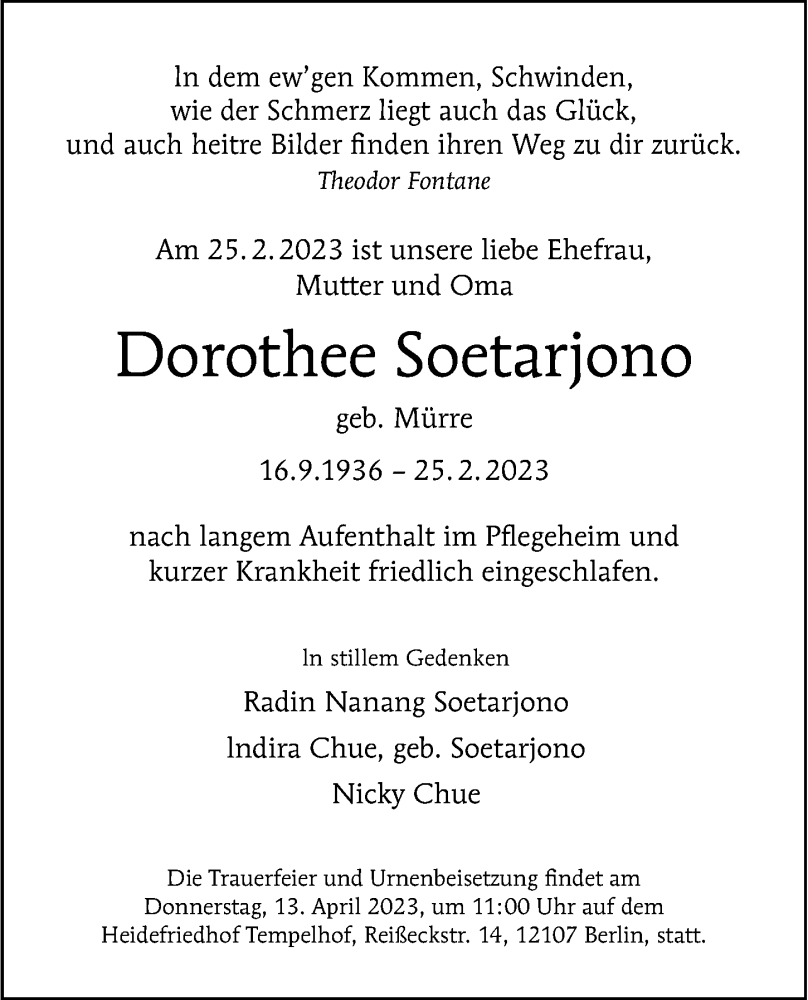  Traueranzeige für Dorothee Soetarjono vom 12.03.2023 aus Berliner Morgenpost