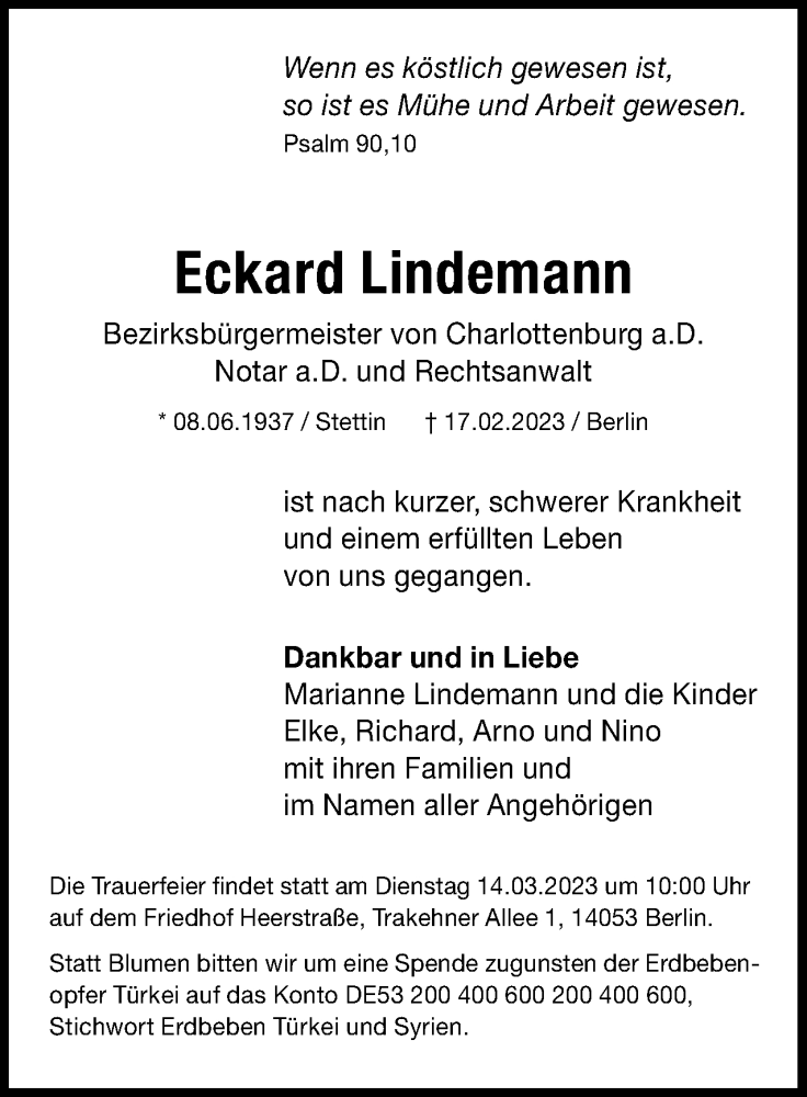  Traueranzeige für Eckard Lindemann vom 04.03.2023 aus Berliner Woche / Spandauer Volksblatt