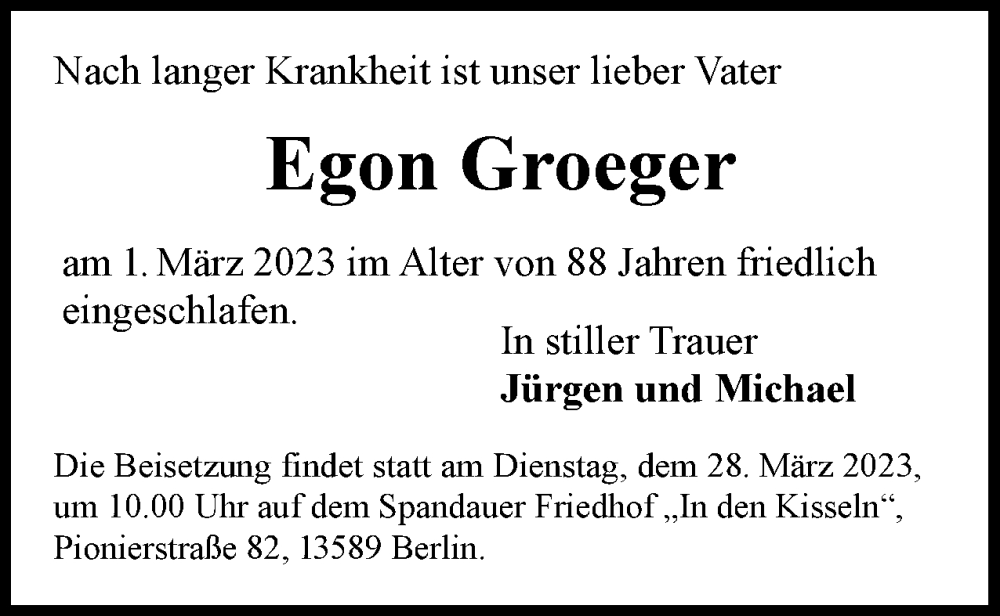  Traueranzeige für Egon Groeger vom 18.03.2023 aus Berliner Woche / Spandauer Volksblatt