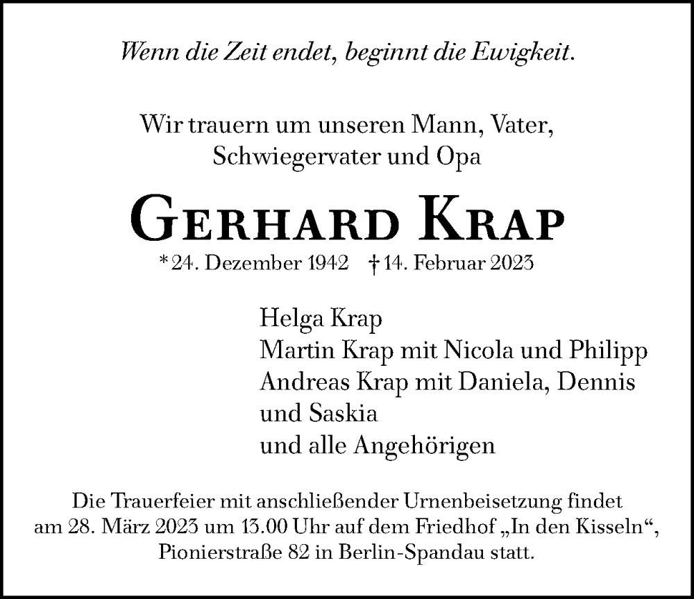  Traueranzeige für Gerhard Krap vom 11.03.2023 aus Berliner Woche / Spandauer Volksblatt