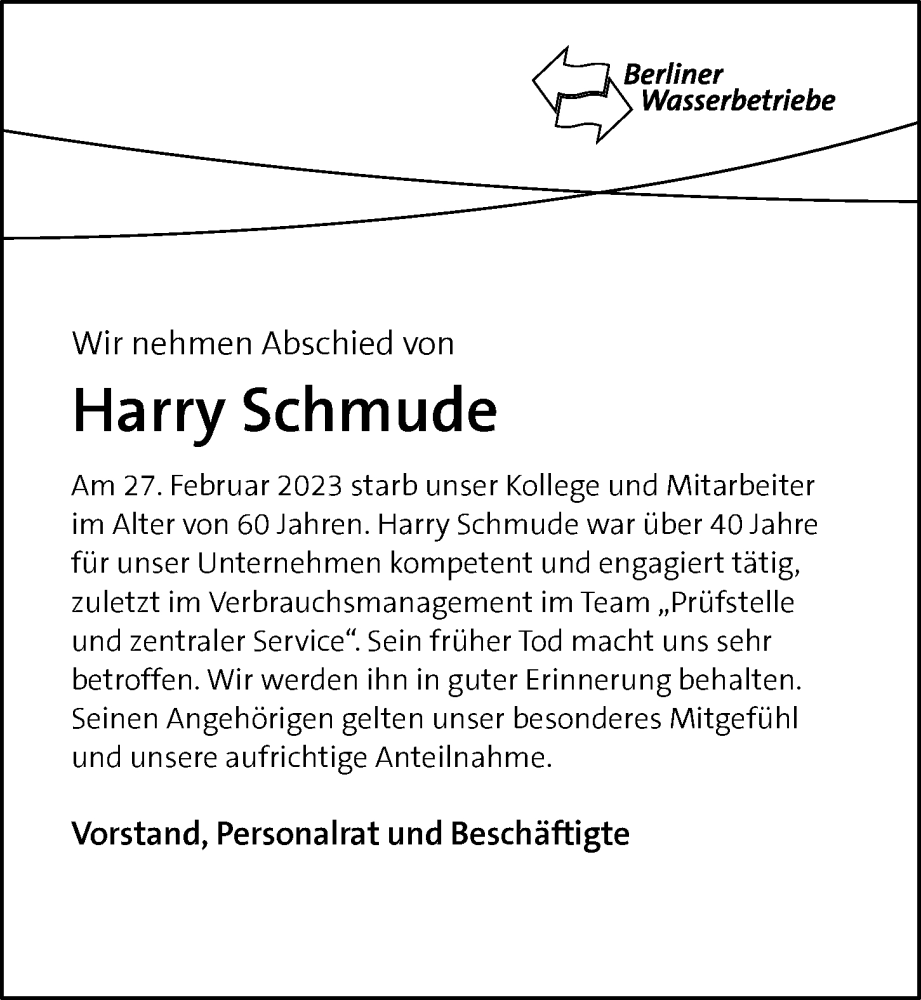  Traueranzeige für Harry Schmude vom 12.03.2023 aus Berliner Morgenpost