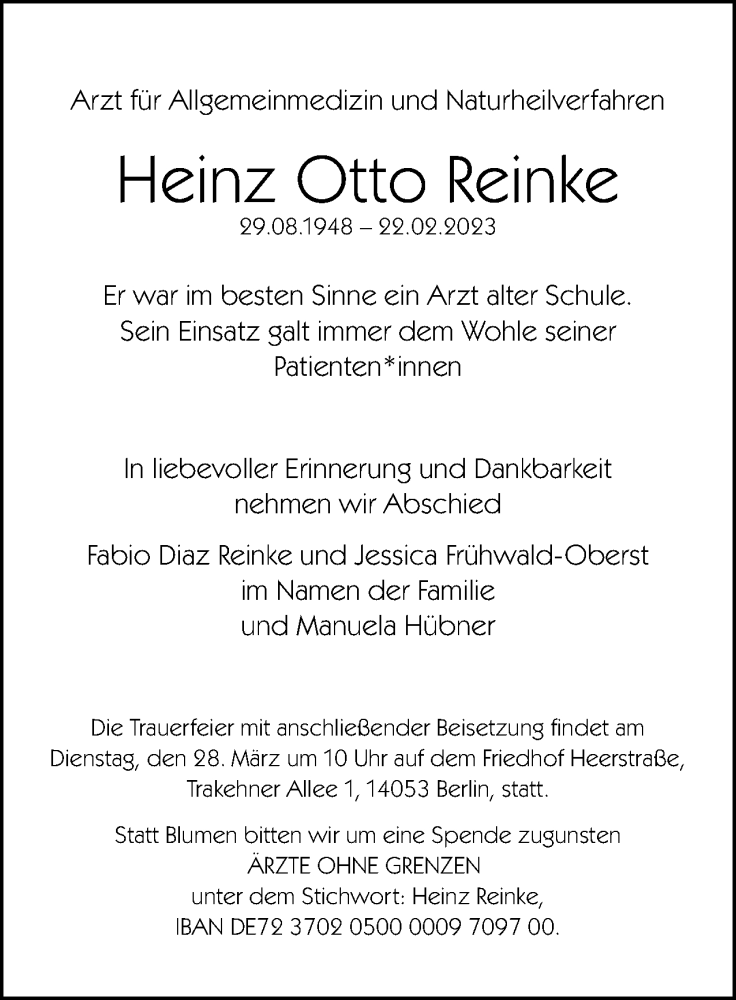  Traueranzeige für Heinz Otto Reinke vom 18.03.2023 aus Berliner Woche / Spandauer Volksblatt