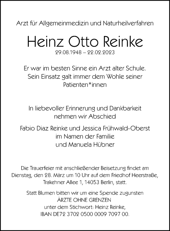 Traueranzeige von Heinz Otto Reinke von Berliner Woche / Spandauer Volksblatt