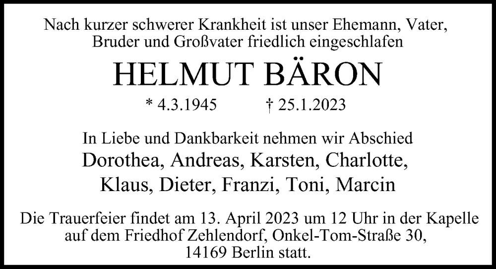  Traueranzeige für Helmut Bäron vom 12.03.2023 aus Berliner Morgenpost