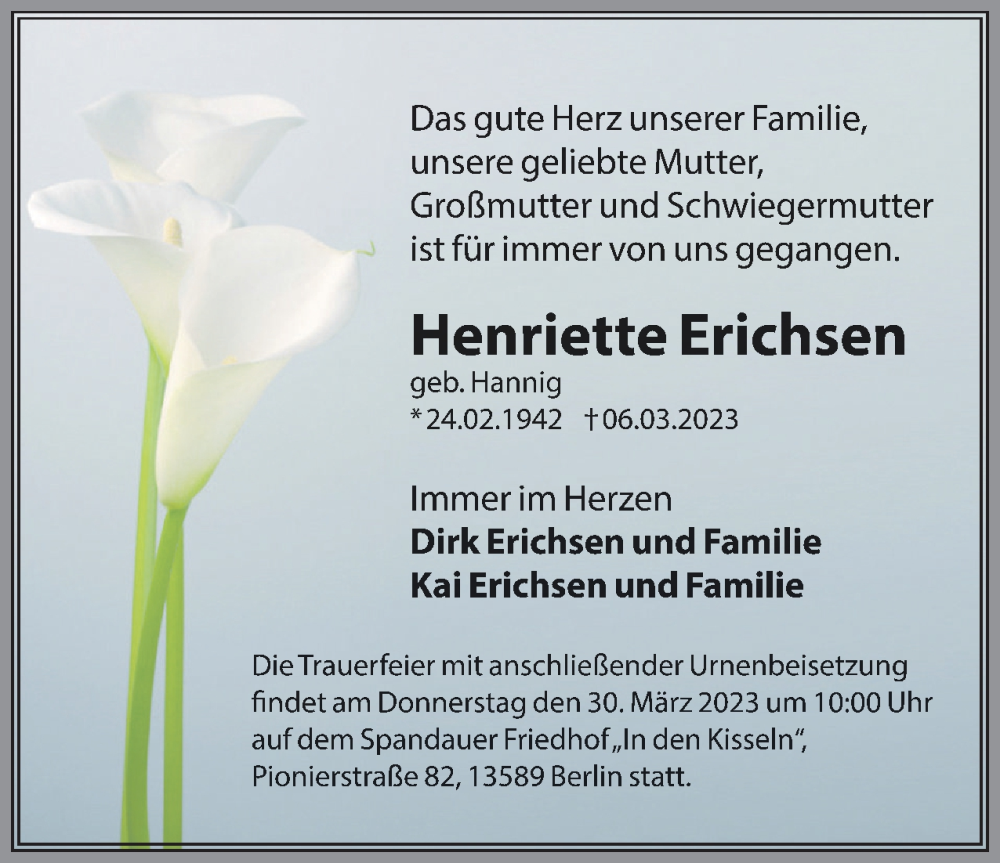  Traueranzeige für Henriette Erichsen vom 18.03.2023 aus Berliner Woche / Spandauer Volksblatt