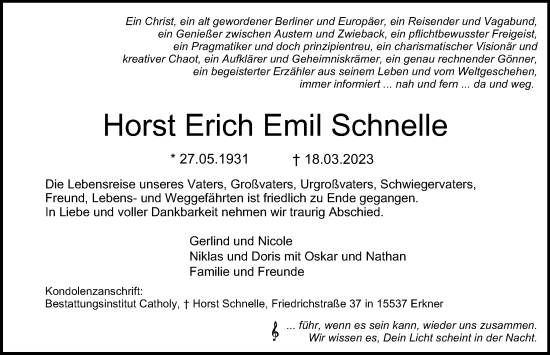 Traueranzeige von Horst Erich Emil Schnelle von Berliner Morgenpost