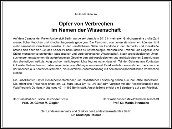 Traueranzeige von In Gedenken Opfer von Verbrechen im NAmen der Wissenschaft von Berliner Morgenpost