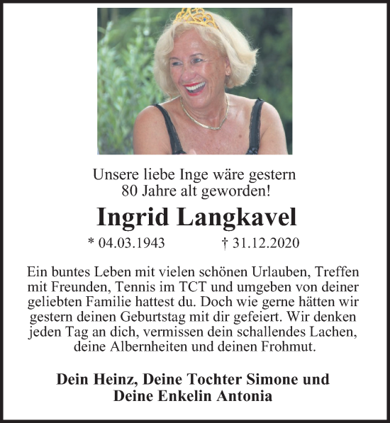 Traueranzeige von Ingrid Langkavel von Berliner Morgenpost