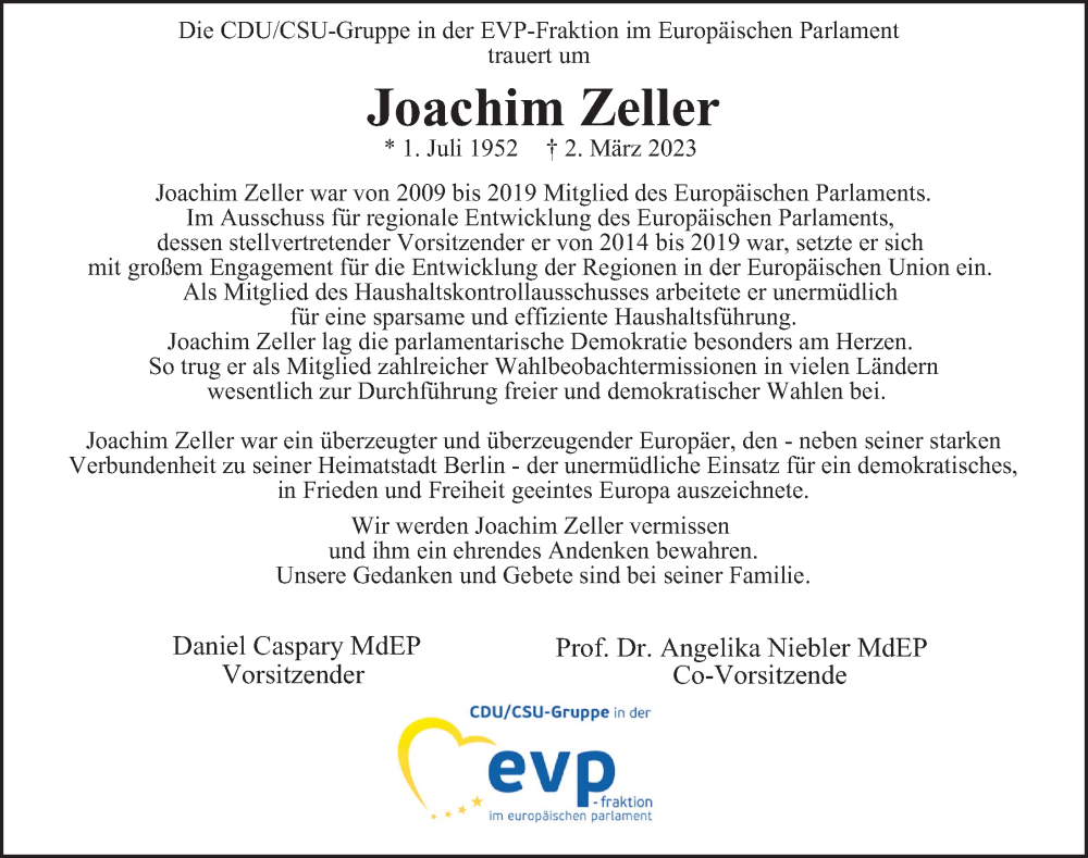  Traueranzeige für Joachim Zeller vom 12.03.2023 aus Berliner Morgenpost