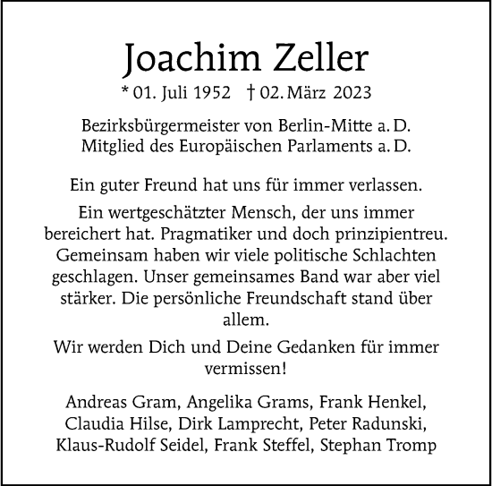 Traueranzeige von Joachim Zeller von Berliner Morgenpost