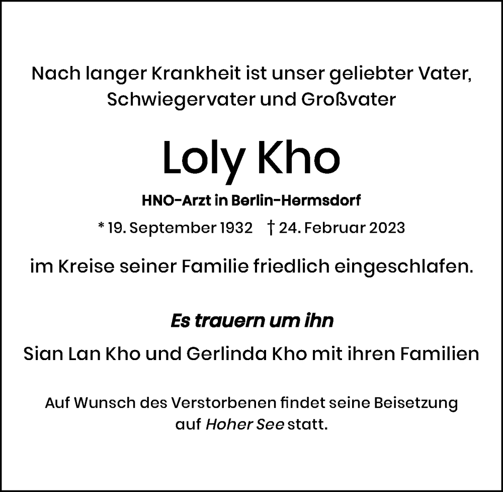  Traueranzeige für Loly Kho vom 05.03.2023 aus Berliner Morgenpost