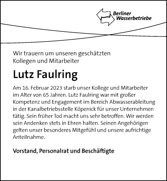 Traueranzeige von Lutz Faulring von Berliner Morgenpost