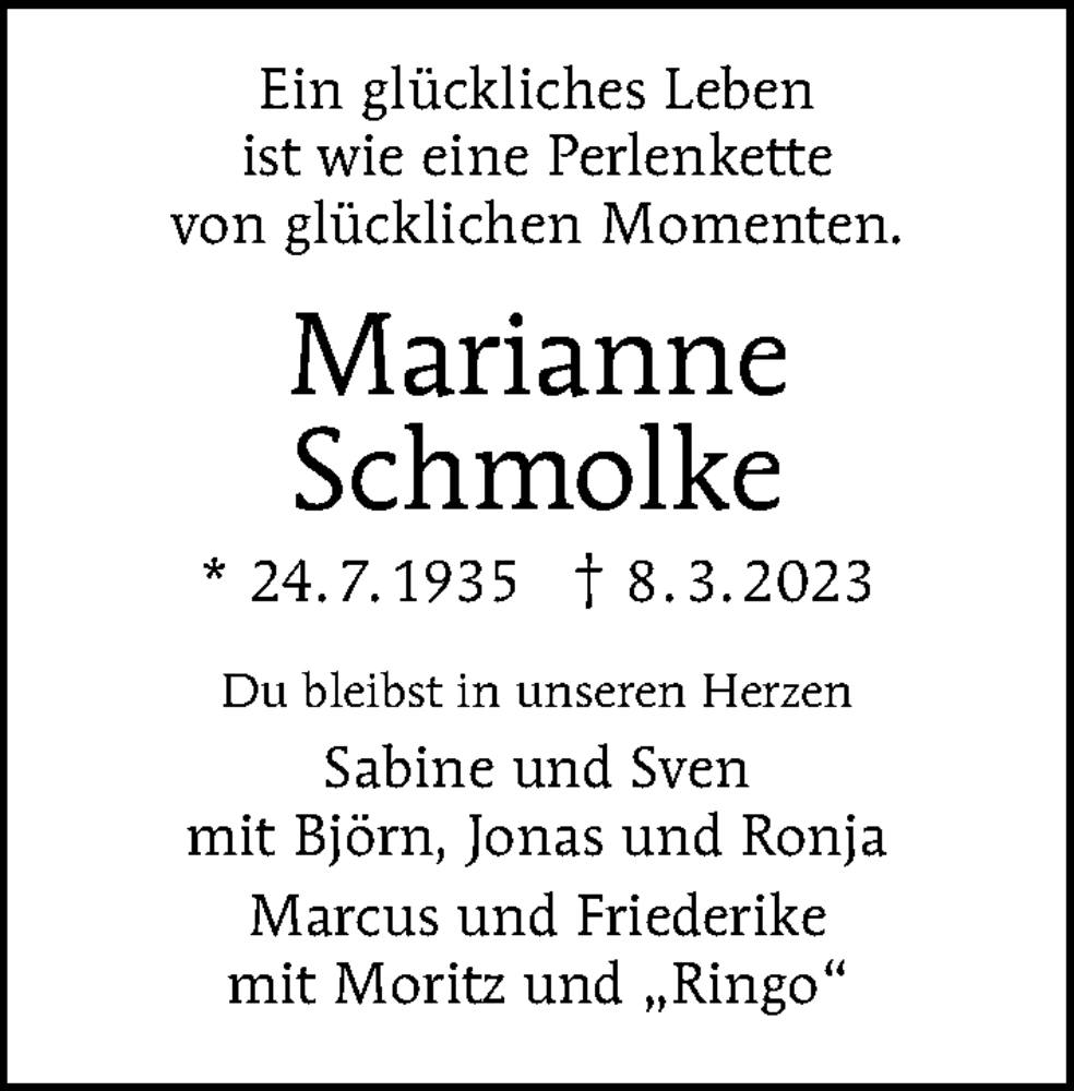  Traueranzeige für Marianne Schmolke vom 19.03.2023 aus Berliner Morgenpost