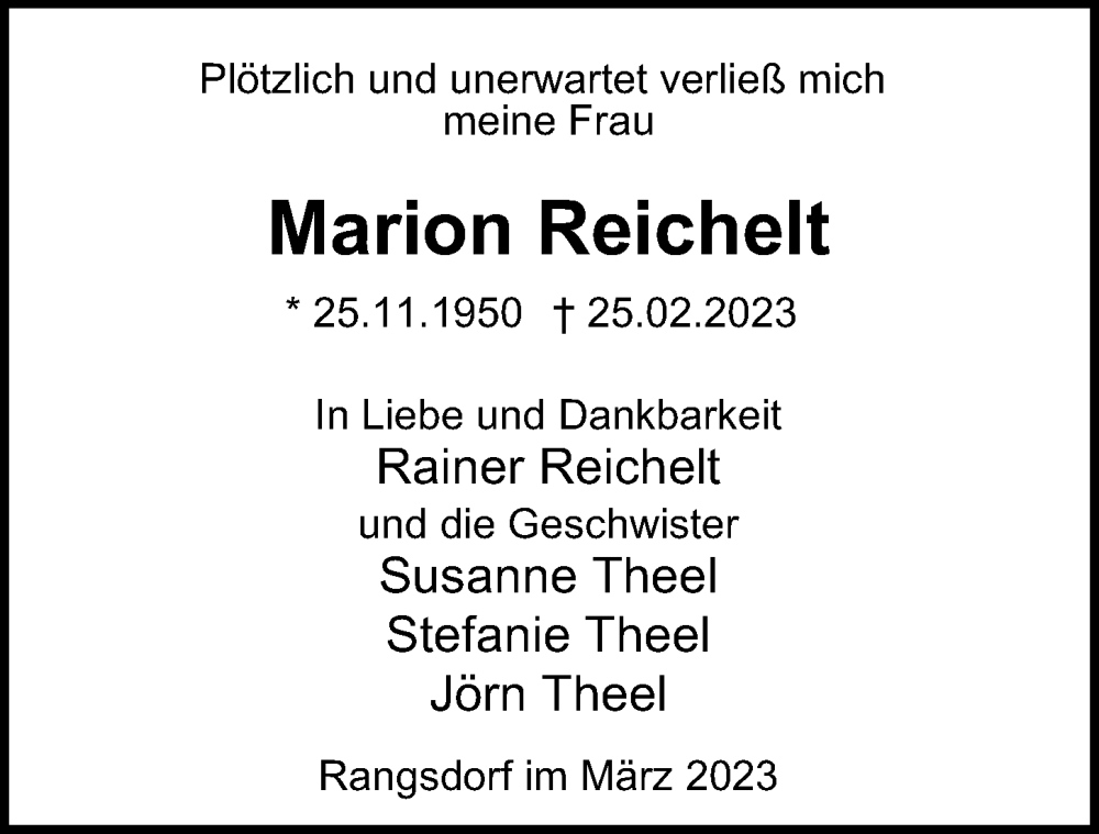 Traueranzeige für Marion Reichelt vom 12.03.2023 aus Berliner Morgenpost