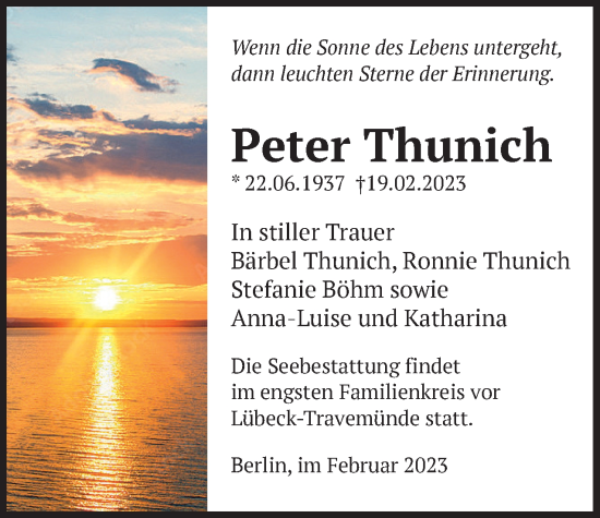 Traueranzeige von Peter Thunich von Berliner Woche / Spandauer Volksblatt
