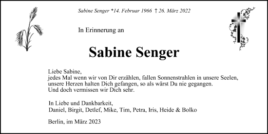 Traueranzeige von Sabine Senger von Berliner Morgenpost