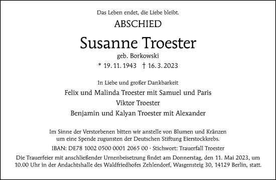 Traueranzeige von Susanne Troester von Berliner Morgenpost