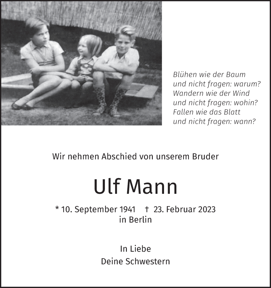  Traueranzeige für Ulf Mann vom 12.03.2023 aus Berliner Morgenpost
