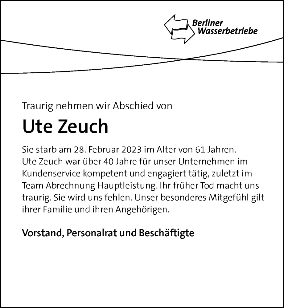  Traueranzeige für Ute Zeuch vom 19.03.2023 aus Berliner Morgenpost